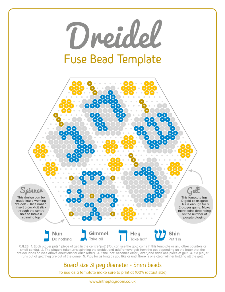 free printable Hanukkah dreidel template for perler beads aka Hama beads or fuse beads 