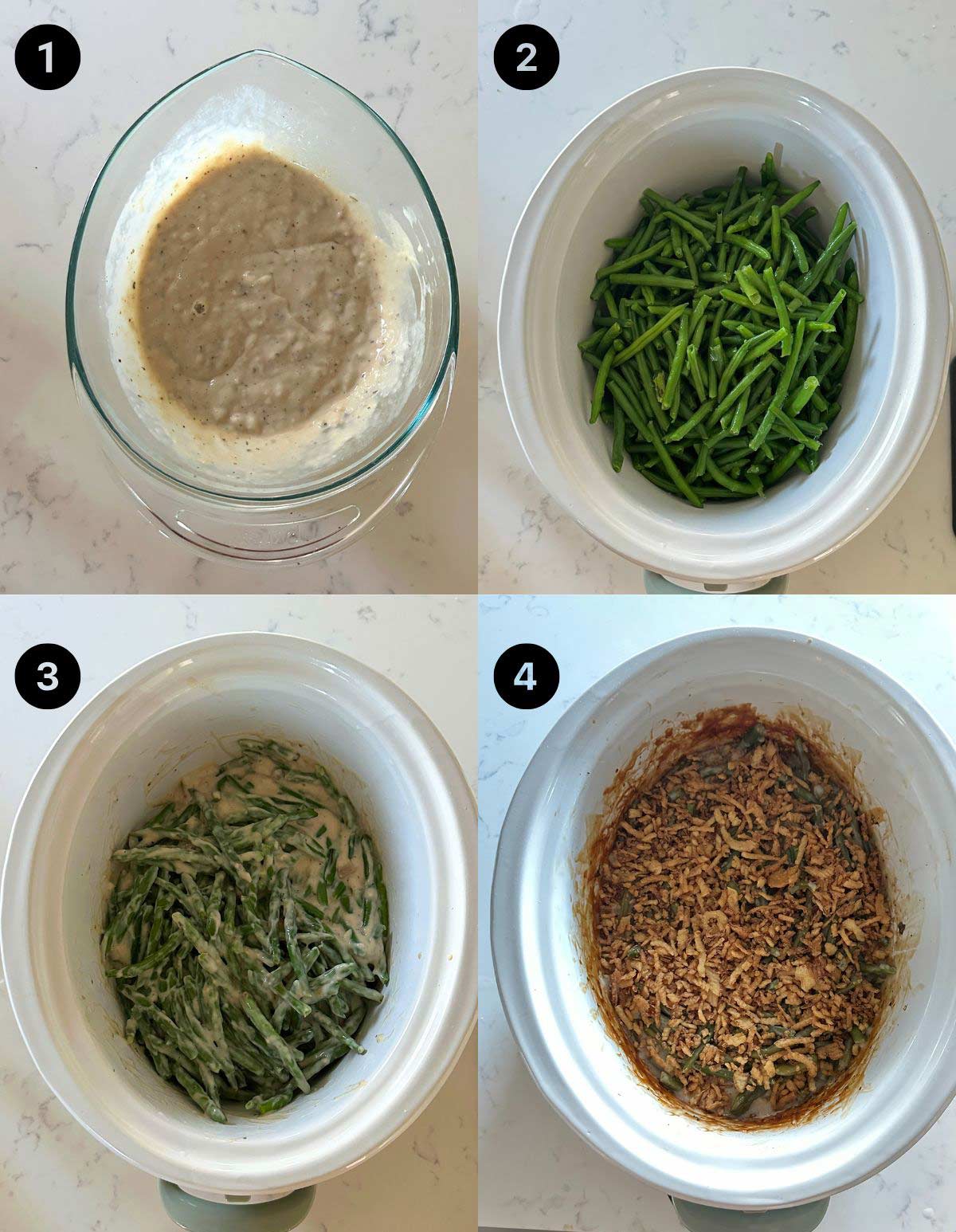 Step by step photos showing you how to make green bean casserole in a crockpot