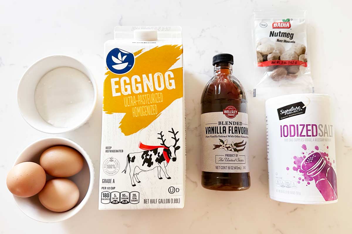 Eggnog Pie Ingredients on a kitchen counter.